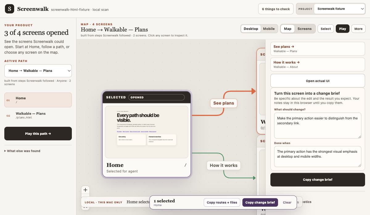 Screenwalk showing its synthetic fixture screens connected into product paths with screen-specific feedback
